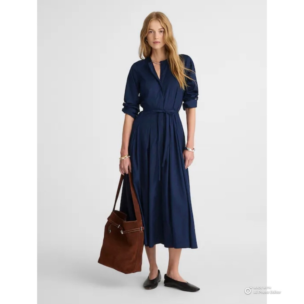 Madewell Midnight Navy Tie-Waist Midi Shirtdress Size 4 NWT Long Sleeve Cotton